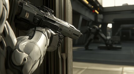 Naklejka premium Future soldier in advanced armor holding a combat weapon, looking through a futuristic sight while another unit moves in the background on a dystopian battlefield