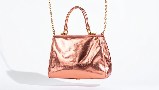 "Shiny rose gold trapezoid handbag with short handle and chain strap on white background, reflecting elegance, luxury, and modern craftsmanship."