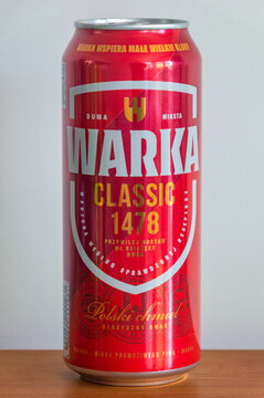 Pruszcz Gdanski, Poland - April 26, 2026: Can of Warka classic beer.