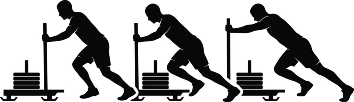 Sled Push Workout Vector Set Featuring Strength Training Exercise with Weighted Sled for Athletic and Fitness Design