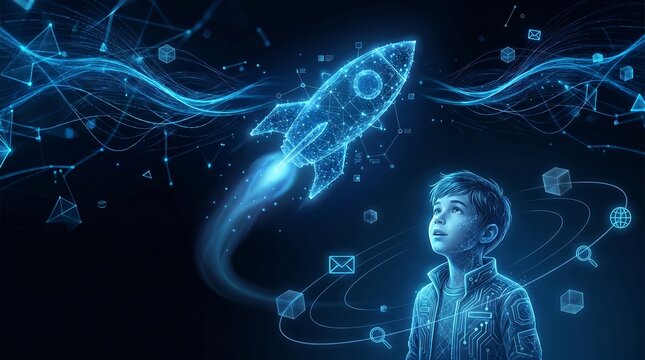 Future Innovation Concept with Boy Looking at Glowing Digital Rocket Launch