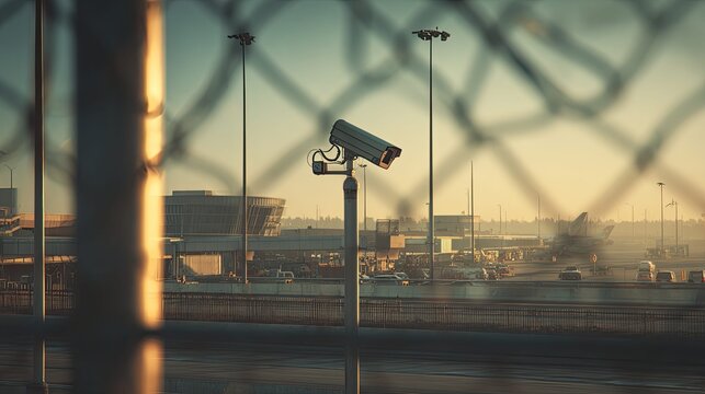 Surveillance camera actively observing various aircraft, vehicles, and buildings within an airport facility, symbolizing constant vigilance and protection of critical infrastructure