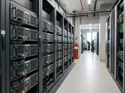Technicians Maintaining Server Racks and UPS Units in Modern Data Center