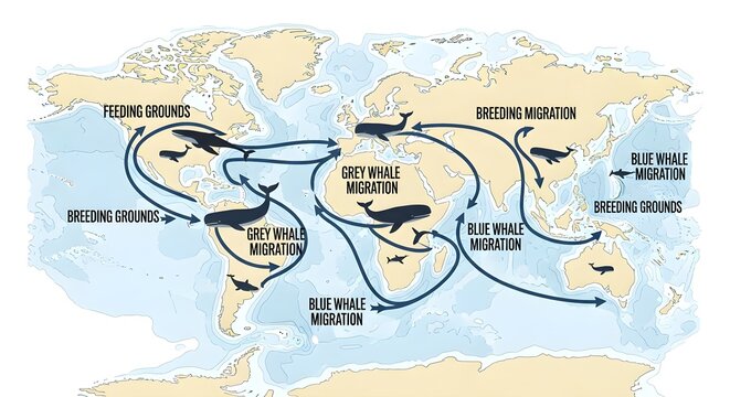 Whale migration routes world map isolated on white background