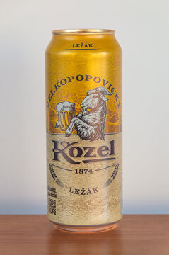 Pruszcz Gdanski, Poland - April 26, 2026: Can of Kozel Lezak beer.