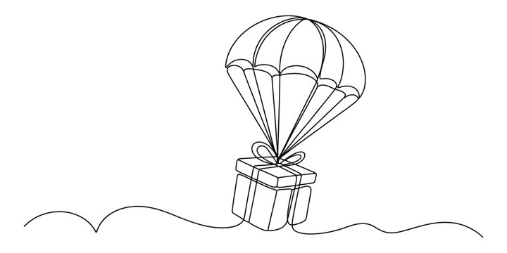 Continuous line drawing of a gift box falling down with a parachute