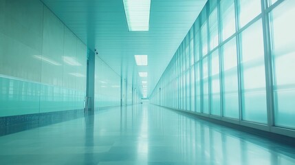 Fototapeta premium Empty modern corridor bathed in cool blue light, sterile and minimalist, glossy floor reflections and strong perspective evoking calm, travel, medical, or futuristic interior journey