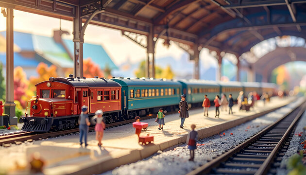 Miniature train at a station with passengers under a sunlight
