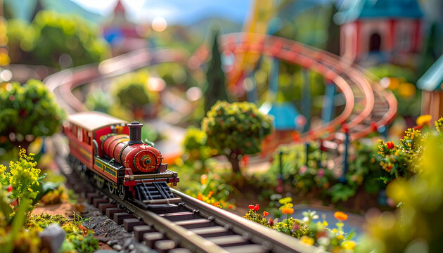 Miniature train on track with roller coaster and green landscape background