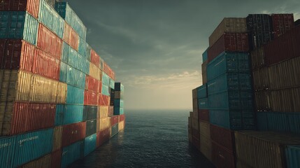 Fototapeta premium Stacks of multicolored shipping containers moving across the stormy ocean, symbolizing worldwide logistics, supply chain, freight distribution, and international export business processes