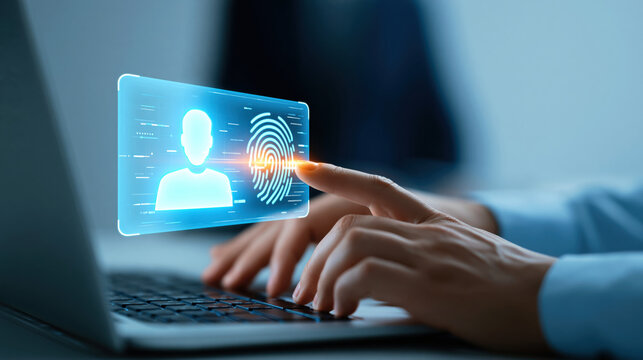 Glowing fingerprint authentication on transparent user ID interface over laptop keyboard, futuristic biometric security access