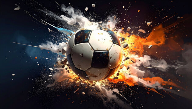 Soccer ball explosion against dark backdrop
