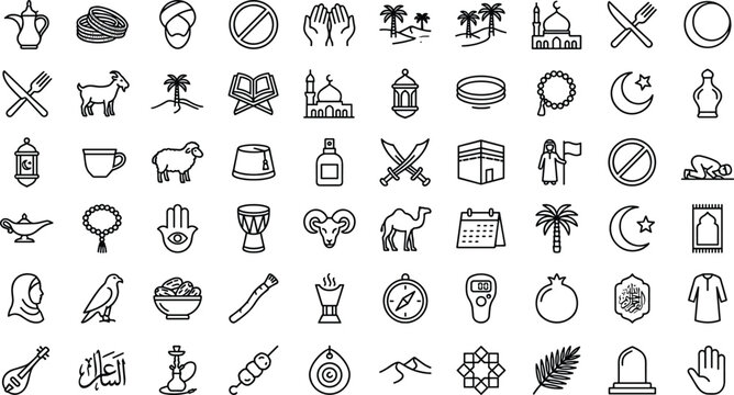 Islamic Culture Icon Set Featuring Religious, Traditional, and Cultural Symbols for Middle Eastern Design and Celebrations