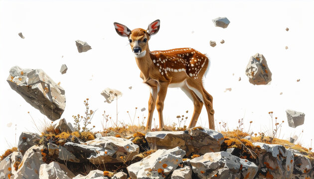 Young deer standing among rocks