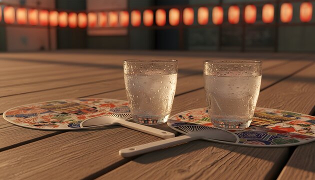 Two glasses of refreshing iced water and traditional uchiwa fans on a wooden deck during Gion Matsuri for a togetherness and friendship concept at a Japanese festival
