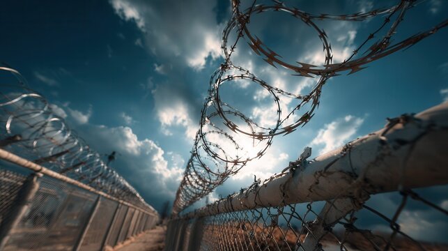 gloomy prison fence with barbed wire silhouetted against a cloudy sky, clean minimal composition with a somber atmosphere 