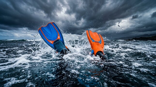 Swim Fins Flutter Kick at Open Water Surface - Open Water Swimming Triathlon Detail Stock Photo