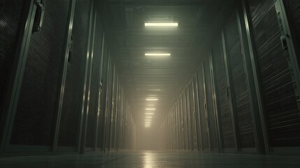 Fototapeta premium Server racks lining a long, dimly lit corridor within a data center, highlighting the infrastructure for cloud computing and global network connections, all illuminated by a series of ceiling lights