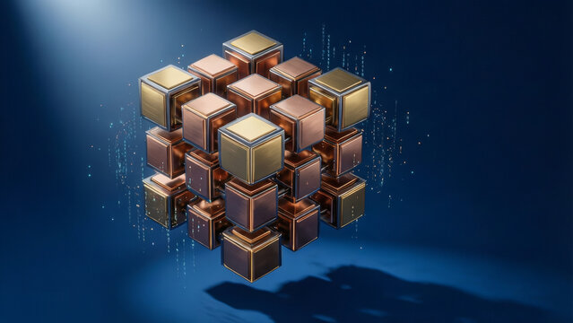 Structure 3D abstraite de cubes m&eacute;talliques flottant dans un espace num&eacute;rique avec des particules de code binaire