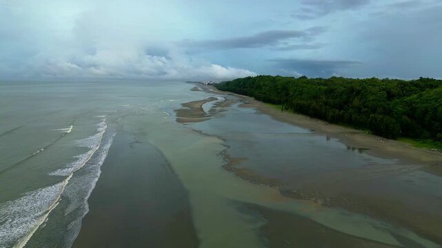 Drone Shot of Cox&rsquo;s Bazar Beach with Green Hills and Blue Water