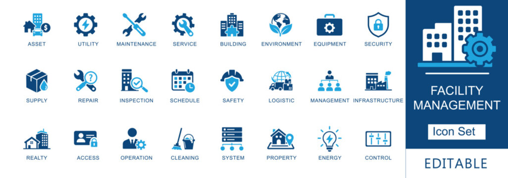 Facility management icon set featuring maintenance, security, logistics, and property operations. Blue flat vector icons for business.