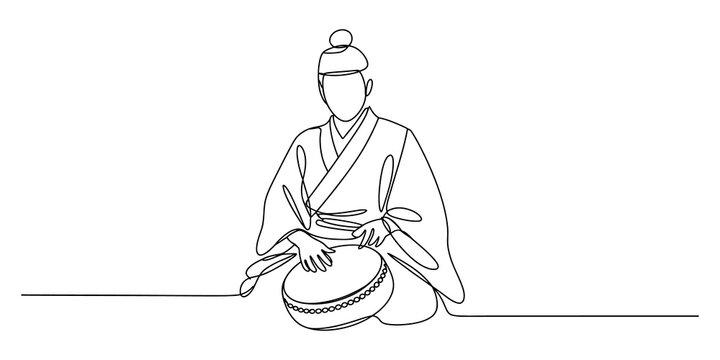 Japanese man in kimono playing traditional taiko drum line art drawing