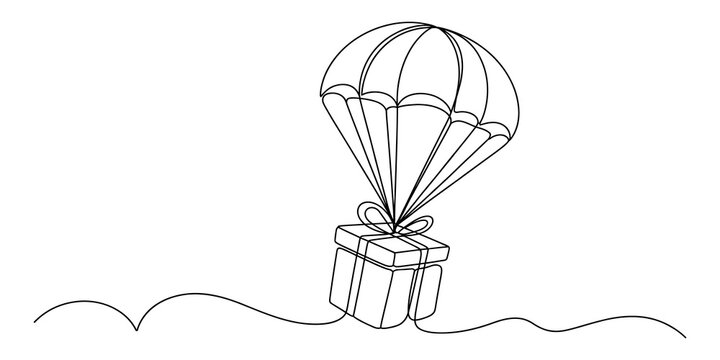 Continuous line drawing of a gift box falling down with a parachute