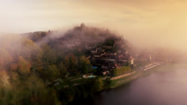 Limeuil Dordogne Moody Tilt-Shift Village in Morning Mist