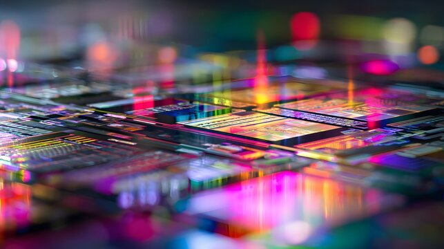カラフルに発光する電子回路のマクロ背景｜半導体・AI・未来テクノロジーイメージ
Colorful glowing circuit board macro background, semiconductor AI and futuristic technology concept