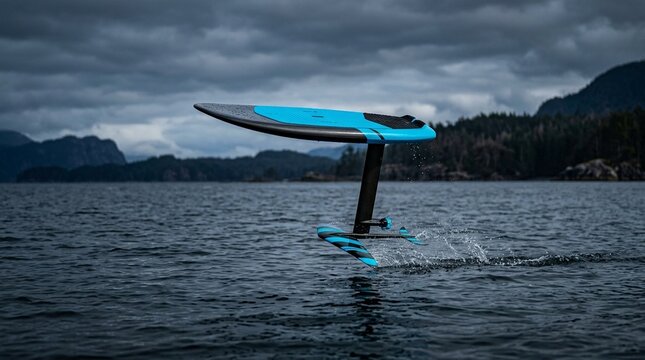 Hydrofoil Board Flying Above Flat Water Surface - Electric Foilboard Action Sport Stock Photo