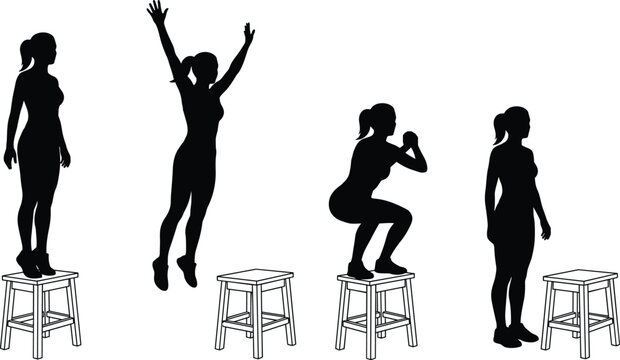 Fitness Exercise Silhouette Vector Set Featuring Jumping, Squatting, and Stretching Poses Using a Stool for Athletic Design
