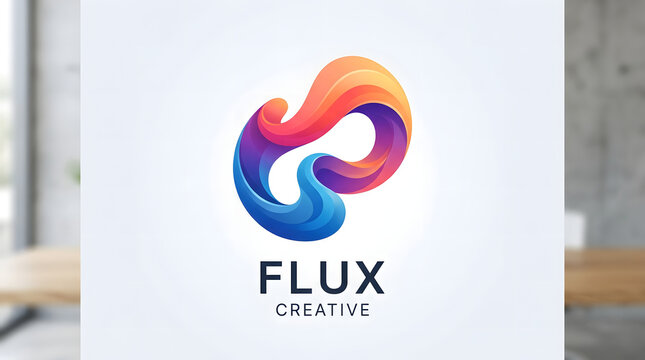 Vibrant flux creative logo with colorful abstract shape, representing continuous motion and dynamic solutions for innovative business or agency.