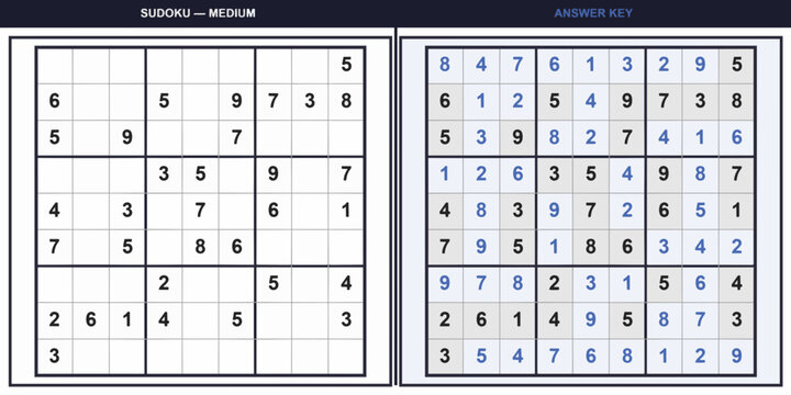 Sudoku Puzzle. Medium Difficulty Logic Game with Solution