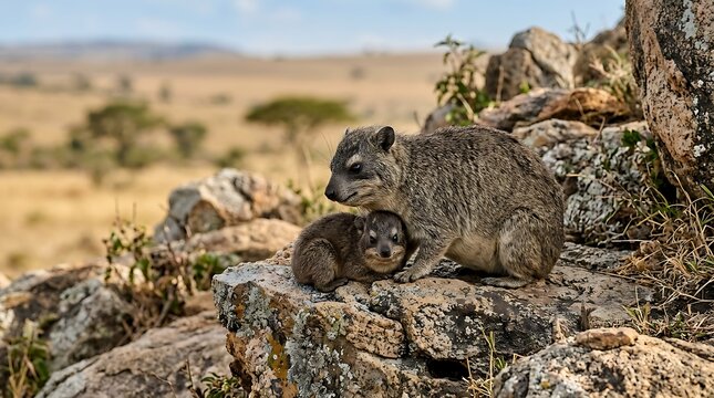 Wild Rock Hyrax Mother Sheltering Baby on Rocky Savanna Ledge
