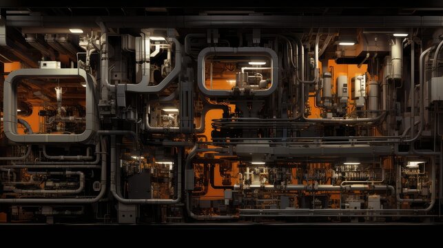 Complex industrial interior of interconnected pipes, valves and machinery bathed in warm orange light, showcasing advanced engineering, automation and steel infrastructure