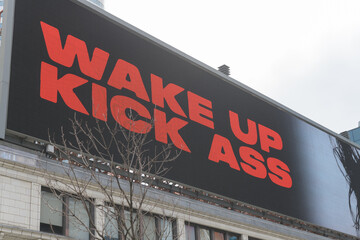 Naklejka premium big bold digital billboard featuring advertising for Kicking Horse Coffee, facing Sankofa Square, Toronto