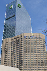 Naklejka premium architectural neighbours: TD Terrace designed by Adrian Smith + Gordon Gill Architecture located at 160 Front St W and InterContinental, a hotel, located at 225 Front St W, Toronto