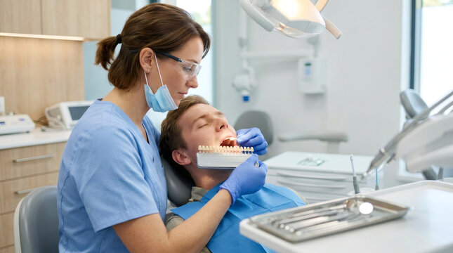 Woman dentist comparing tooth shade with patient during checkup in clinic. Professional doctor choosing color for dental implant. Oral healthcare and modern cosmetic dentistry concept.