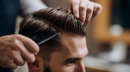 Naklejka premium Barber Expertly Styles Modern Man's Hair with Comb and Hand for a Fresh Tapered Look, Grooming and Haircare Service for Clients