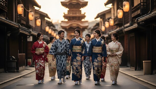 Japanese people wearing traditional kimono dress walking through a historic kyoto street during gion matsuri for a cultural heritage and tourism celebration concept