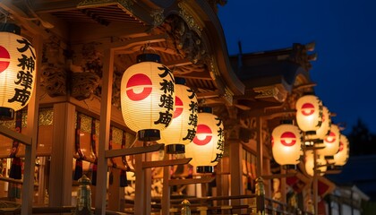 Obraz premium Traditional Japanese paper lanterns glowing during a religious ceremony at the Gion Matsuri festival in Kyoto with night illumination for a cultural heritage concept