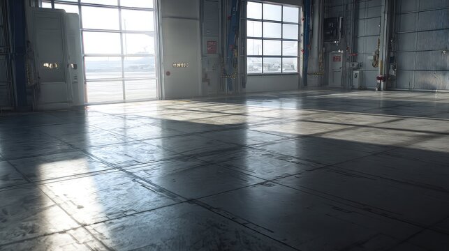Spacious industrial hangar interior with large windows and open door, sunlight casting strong shadows across empty concrete floor, modern aviation storage and service space