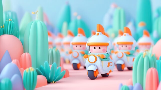 Playful cartoon characters exploring a whimsical pastel landscape filled with colorful sculptures and soft textures, vibrant atmosphere.
