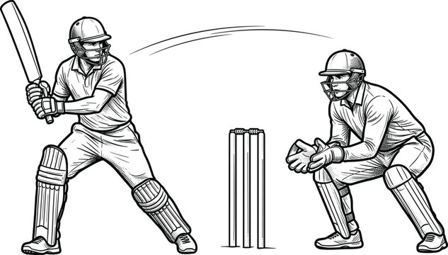 Cricket Action Vector Illustration Featuring Batsman, Bowler, and Wicketkeeper in Dynamic Sports Poses for Athletic Design