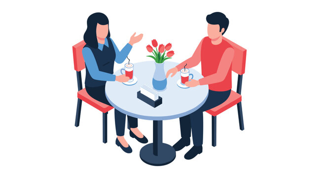 Man and woman sit across from each other at a round cafe table enjoying hot coffee and conversation in a modern isometric view illustration.
