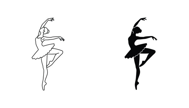 Elegant ballerina dancing in tutu vector illustration featuring outline and solid black silhouette for dance school and performance art