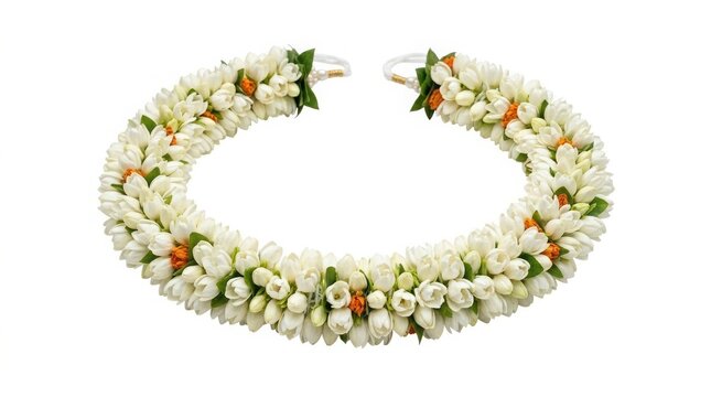 Traditional jasmine flower garland, white floral gajra for hair decoration, fragrant mogra blossom lei for wedding and religious ceremonies