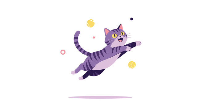 Energetic purple striped cat leaps high into the air to play with colorful bouncing balls and circles against a clean white background design.