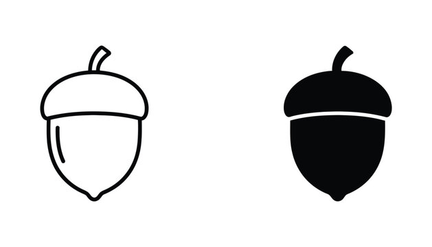 Single acorn nut with cap icon set in linear and solid black vector style for autumn season and forest nature themed graphic design