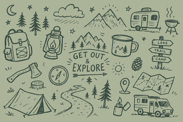 Naklejka premium Camping Adventure Doodle Sketch Set Vector